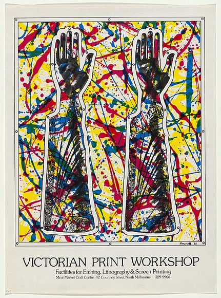 Artist: b'Moncrieff, Greg.' | Title: b'Victorian Print Workshop. Facilities for etching, lithograph and screenprinting... Meat Market Craft Centre' | Date: 1982 | Technique: b'screenprint, printed in colour, from multiple stencils' | Copyright: b'\xc2\xa9 Greg Moncrieff' Artist: b'Moncrieff, Greg.' | Title: b'Victorian Print Workshop. Facilities for etching, lithograph and screenprinting... Meat Market Craft Centre' | Date: 1982 | Technique: b'screenprint, printed in colour, from multiple stencils' | Copyright: b'\xc2\xa9 Greg Moncrieff'