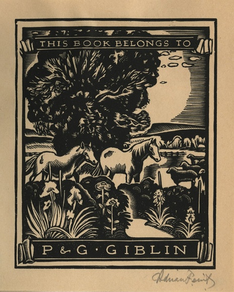 Artist: b'FEINT, Adrian' | Title: b'Bookplate: P & G Giblin.' | Date: (1938) | Technique: b'wood-engraving, printed in black ink, from one block' | Copyright: b'Courtesy the Estate of Adrian Feint' Artist: b'FEINT, Adrian' | Title: b'Bookplate: P & G Giblin.' | Date: (1938) | Technique: b'wood-engraving, printed in black ink, from one block' | Copyright: b'Courtesy the Estate of Adrian Feint'