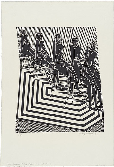Artist: b'WALKER, Murray' | Title: b'Five figures on sliding chairs.' | Date: 1969 | Technique: b'linocut, printed in black ink, from one block' Artist: b'WALKER, Murray' | Title: b'Five figures on sliding chairs.' | Date: 1969 | Technique: b'linocut, printed in black ink, from one block'