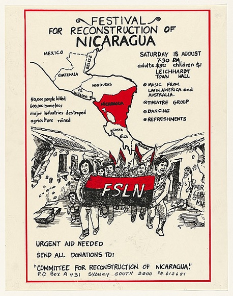 Artist: b'MACKINOLTY, Chips' | Title: b'Nicaragua' | Date: 1979 | Technique: b'screenprint, printed in colour, from multiple stencils' Artist: b'MACKINOLTY, Chips' | Title: b'Nicaragua' | Date: 1979 | Technique: b'screenprint, printed in colour, from multiple stencils'