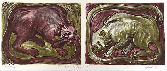 Artist: b'Watt, Yvette.' | Title: b'Red cat green cat' | Date: 1992 | Technique: b'lithograph, printed in two colours, from two stones' Artist: b'Watt, Yvette.' | Title: b'Red cat green cat' | Date: 1992 | Technique: b'lithograph, printed in two colours, from two stones'