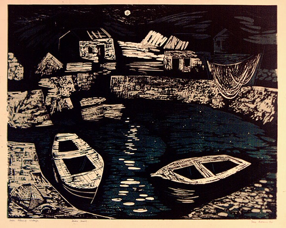 Artist: b'Adams, Tate.' | Title: b'Irish fishing village.' | Date: 1954 | Technique: b'linocut, printed in colour, from three blocks' Artist: b'Adams, Tate.' | Title: b'Irish fishing village.' | Date: 1954 | Technique: b'linocut, printed in colour, from three blocks'