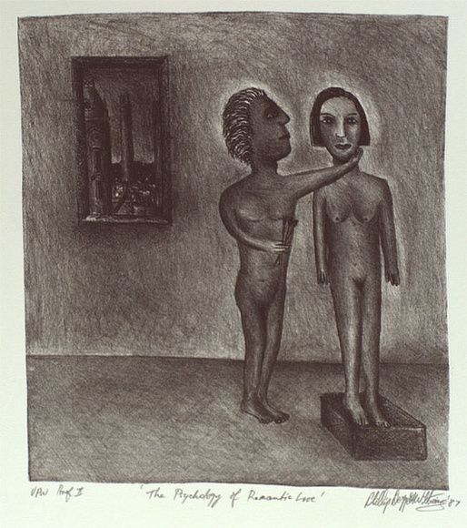 Artist: b'Doggett-Williams, Phillip.' | Title: b'The psychology of romantic love' | Date: 1987 | Technique: b'lithograph, printed in black ink, from one stone' Artist: b'Doggett-Williams, Phillip.' | Title: b'The psychology of romantic love' | Date: 1987 | Technique: b'lithograph, printed in black ink, from one stone'