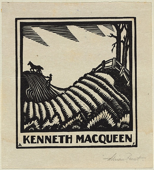 Artist: b'FEINT, Adrian' | Title: b'Bookplate: Kenneth MacQueen.' | Date: (1927) | Technique: b'wood-engraving, printed in black ink, from one block' | Copyright: b'Courtesy the Estate of Adrian Feint' Artist: b'FEINT, Adrian' | Title: b'Bookplate: Kenneth MacQueen.' | Date: (1927) | Technique: b'wood-engraving, printed in black ink, from one block' | Copyright: b'Courtesy the Estate of Adrian Feint'