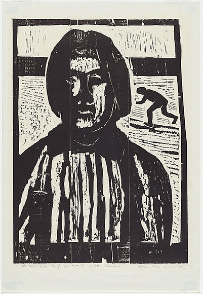 Artist: MADDOCK, Bea | Title: Self-portrait with Icarus | Date: 27 July 1964 | Technique: woodcut, printed in black ink by hand-burnishing, from three joined pine blocks