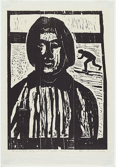 Artist: MADDOCK, Bea | Title: Self-portrait with Icarus | Date: 27 July 1964 | Technique: woodcut, printed in black ink by hand-burnishing, from three joined pine blocks Artist: MADDOCK, Bea | Title: Self-portrait with Icarus | Date: 27 July 1964 | Technique: woodcut, printed in black ink by hand-burnishing, from three joined pine blocks