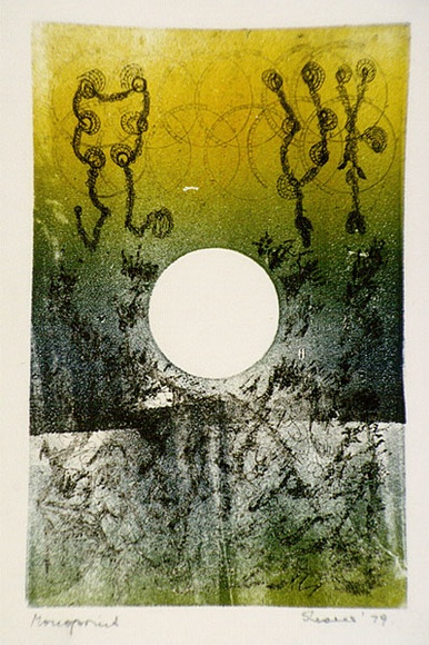 Artist: b'Shearer, Mitzi.' | Title: b'not titled' | Date: 1979 | Technique: b'etching, 2nd cut printed as monotype in colour from one plate' Artist: b'Shearer, Mitzi.' | Title: b'not titled' | Date: 1979 | Technique: b'etching, 2nd cut printed as monotype in colour from one plate'