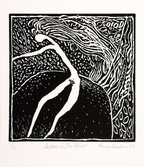 Artist: b'Warren, Guy.' | Title: b'Daphne in the forest.' | Date: 1987 | Technique: b'linocut, printed in black ink, from one block' Artist: b'Warren, Guy.' | Title: b'Daphne in the forest.' | Date: 1987 | Technique: b'linocut, printed in black ink, from one block'