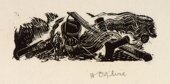 Artist: b'OGILVIE, Helen' | Title: b'(Billy over a campfire)' | Date: 1950 | Technique: b'wood-engraving, printed in black ink, from one block' Artist: b'OGILVIE, Helen' | Title: b'(Billy over a campfire)' | Date: 1950 | Technique: b'wood-engraving, printed in black ink, from one block'