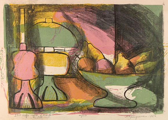 Artist: b'ROSENGRAVE, Harry' | Title: b'Still life with lamps' | Date: 1956 | Technique: b'linocut, printed in colour from four blocks, and overprinted in lithography with black ink from one plate' Artist: b'ROSENGRAVE, Harry' | Title: b'Still life with lamps' | Date: 1956 | Technique: b'linocut, printed in colour from four blocks, and overprinted in lithography with black ink from one plate'