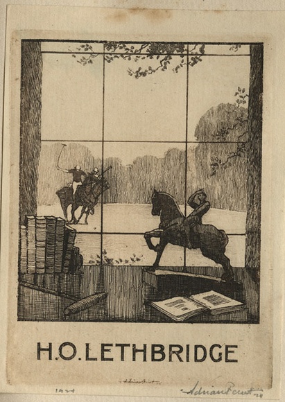 Artist: b'FEINT, Adrian' | Title: b'Bookplate: H.O.Lethbridge.' | Date: 1924 | Technique: b'etching, printed in brown ink with plate-tone, from one plate' | Copyright: b'Courtesy the Estate of Adrian Feint' Artist: b'FEINT, Adrian' | Title: b'Bookplate: H.O.Lethbridge.' | Date: 1924 | Technique: b'etching, printed in brown ink with plate-tone, from one plate' | Copyright: b'Courtesy the Estate of Adrian Feint'