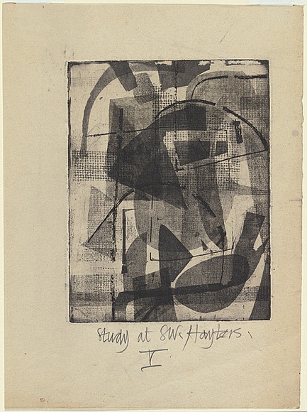 Artist: b'Olsen, John.' | Title: b'Study at S.W. Hayters' | Date: 1957 | Technique: b'etching and softground-etching, printed in black ink, from one plate' | Copyright: b'\xc2\xa9 John Olsen. Licensed by VISCOPY, Australia' Artist: b'Olsen, John.' | Title: b'Study at S.W. Hayters' | Date: 1957 | Technique: b'etching and softground-etching, printed in black ink, from one plate' | Copyright: b'\xc2\xa9 John Olsen. Licensed by VISCOPY, Australia'