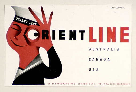 Artist: b'Bainbridge, John.' | Title: b'Orient Line Australia, Canada, USA (sticker).' | Date: c.1956 | Technique: b'photo-lithograph' Artist: b'Bainbridge, John.' | Title: b'Orient Line Australia, Canada, USA (sticker).' | Date: c.1956 | Technique: b'photo-lithograph'