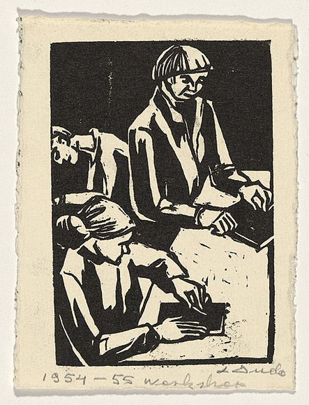 Artist: b'Groblicka, Lidia.' | Title: b'Workshop' | Date: 1954-55 | Technique: b'woodcut, printed in black ink, from one block' Artist: b'Groblicka, Lidia.' | Title: b'Workshop' | Date: 1954-55 | Technique: b'woodcut, printed in black ink, from one block'