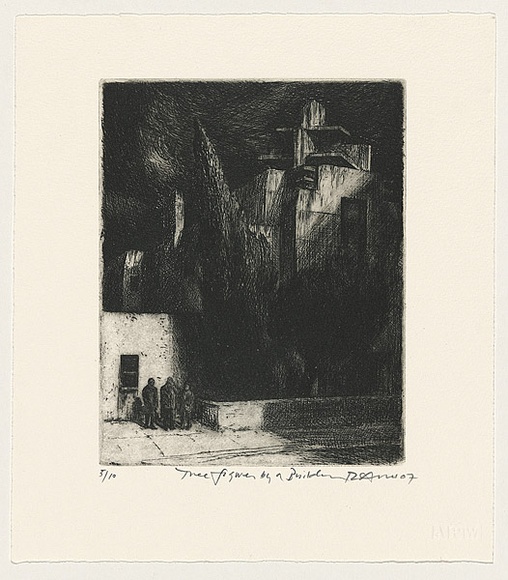 Title: Three figures by a building. | Date: 2007 | Technique: etching, printed in black ink with plate-tone, from one plate