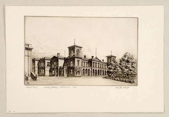 Artist: b'PLATT, Austin' | Title: b'Wesley College, Melbourne' | Date: 1934 | Technique: b'etching, printed in black ink, from one plate' Artist: b'PLATT, Austin' | Title: b'Wesley College, Melbourne' | Date: 1934 | Technique: b'etching, printed in black ink, from one plate'