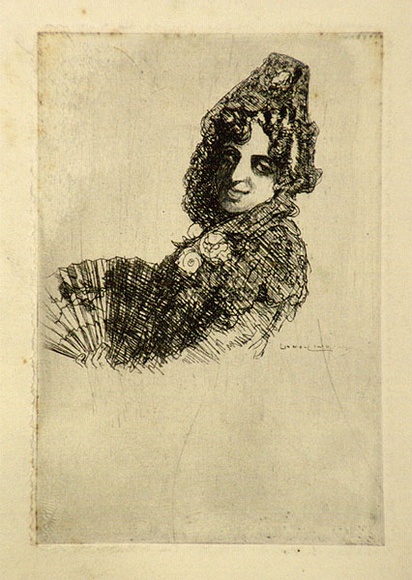 Artist: b'LINDSAY, Lionel' | Title: b'(Spanish woman with matilda and fan)' | Date: c.1920 | Technique: b'etching, printed in black ink with plate-tone, from one plate; touched with pencil' | Copyright: b'Courtesy of the National Library of Australia' Artist: b'LINDSAY, Lionel' | Title: b'(Spanish woman with matilda and fan)' | Date: c.1920 | Technique: b'etching, printed in black ink with plate-tone, from one plate; touched with pencil' | Copyright: b'Courtesy of the National Library of Australia'
