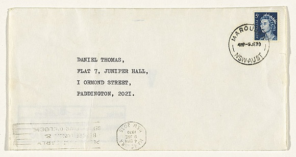 Artist: b'MILLISS, Ian' | Title: b'(Letter to Daniel Thomas containing Mailing piece A)' | Date: 1970, Feb-May | Technique: b'envelope, addressed, stamped and franked; pen and ink' Artist: b'MILLISS, Ian' | Title: b'(Letter to Daniel Thomas containing Mailing piece A)' | Date: 1970, Feb-May | Technique: b'envelope, addressed, stamped and franked; pen and ink'
