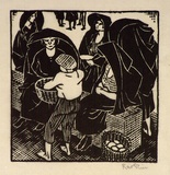 Artist: Hawkins, Weaver. | Title: (Market scene) | Date: c.1927 | Technique: woodcut, printed in black ink, from one block | Copyright: The Estate of H.F Weaver Hawkins