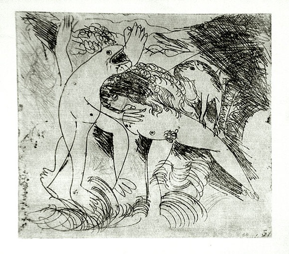 Artist: b'BOYD, Arthur' | Title: b'Figure in a river with beast and dog.' | Date: (1962-63) | Technique: b'etching and drypoint, printed in black ink, from one plate' | Copyright: b'Reproduced with permission of Bundanon Trust' Artist: b'BOYD, Arthur' | Title: b'Figure in a river with beast and dog.' | Date: (1962-63) | Technique: b'etching and drypoint, printed in black ink, from one plate' | Copyright: b'Reproduced with permission of Bundanon Trust'