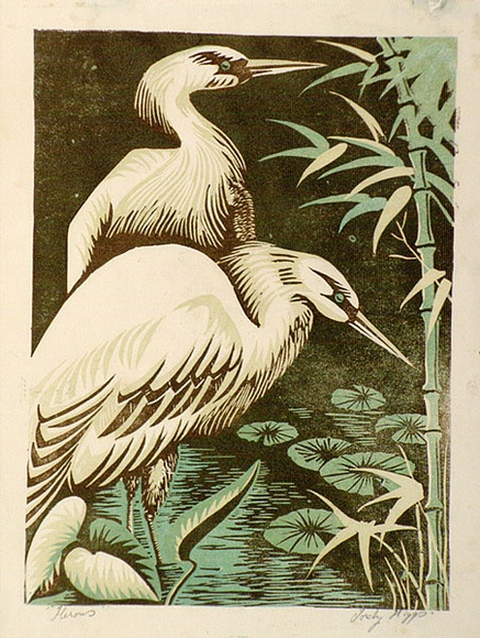 Artist: b'Higgs, Florence.' | Title: b'Herons' | Date: c.1954 | Technique: b'linocut, printed in colour, from three blocks' Artist: b'Higgs, Florence.' | Title: b'Herons' | Date: c.1954 | Technique: b'linocut, printed in colour, from three blocks'