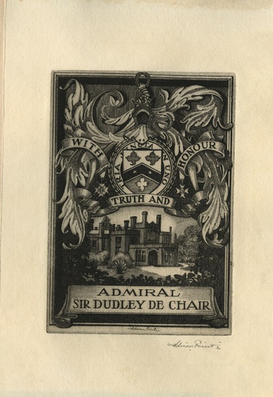 Artist: b'FEINT, Adrian' | Title: b'Bookplate: Admiral Sir Dudley de Chair.' | Date: 1930 | Technique: b'etching, printed in black ink, from one plate' | Copyright: b'Courtesy the Estate of Adrian Feint' Artist: b'FEINT, Adrian' | Title: b'Bookplate: Admiral Sir Dudley de Chair.' | Date: 1930 | Technique: b'etching, printed in black ink, from one plate' | Copyright: b'Courtesy the Estate of Adrian Feint'