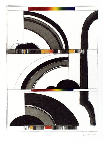 Artist: b'Clutterbuck, Jock.' | Title: b'Niagara.' | Date: 1970 | Technique: b'etching and aquatint, colour stencil, printed from one magnesium plate' Artist: b'Clutterbuck, Jock.' | Title: b'Niagara.' | Date: 1970 | Technique: b'etching and aquatint, colour stencil, printed from one magnesium plate'