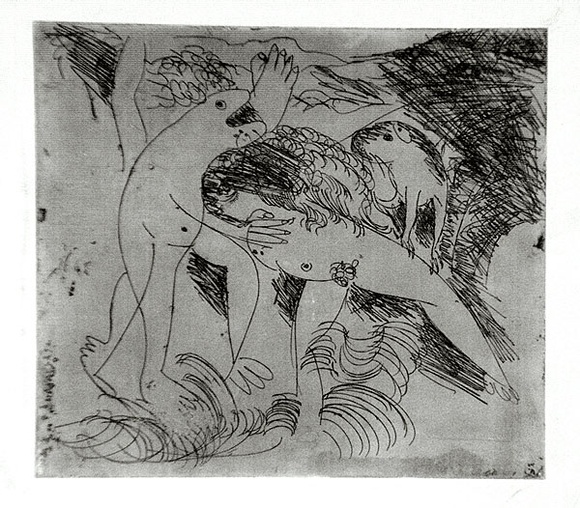 Artist: b'BOYD, Arthur' | Title: b'Figure in a river with beast and dog.' | Date: (1962-63) | Technique: b'etching and drypoint, printed in black ink, from one plate' | Copyright: b'Reproduced with permission of Bundanon Trust' Artist: b'BOYD, Arthur' | Title: b'Figure in a river with beast and dog.' | Date: (1962-63) | Technique: b'etching and drypoint, printed in black ink, from one plate' | Copyright: b'Reproduced with permission of Bundanon Trust'