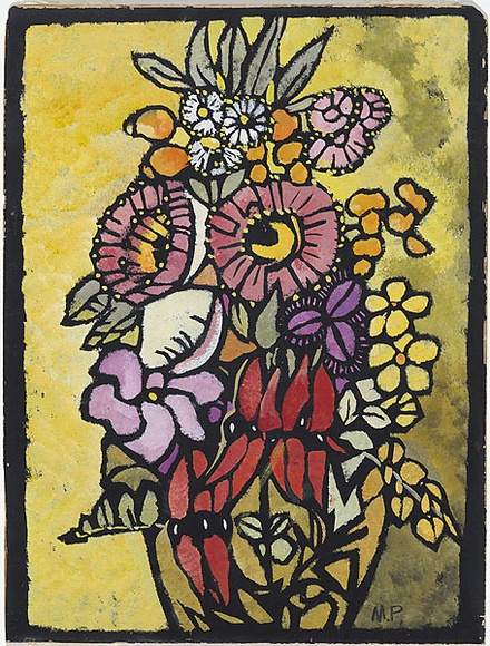Artist: b'PRESTON, Margaret' | Title: b'Native flowers' | Date: 1949 | Technique: b'stencil print, printed in colour, from one hand-cut paper stencil' | Copyright: b'\xc2\xa9 Margaret Preston. Licensed by VISCOPY, Australia' Artist: b'PRESTON, Margaret' | Title: b'Native flowers' | Date: 1949 | Technique: b'stencil print, printed in colour, from one hand-cut paper stencil' | Copyright: b'\xc2\xa9 Margaret Preston. Licensed by VISCOPY, Australia'