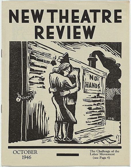 Artist: b'Bucklow, J.E.' | Title: b'(frontcover) New theatre review: October 1946.' | Date: October 1946 | Technique: b'linocut, printed in black ink, from one block; letterpress text' Artist: b'Bucklow, J.E.' | Title: b'(frontcover) New theatre review: October 1946.' | Date: October 1946 | Technique: b'linocut, printed in black ink, from one block; letterpress text'