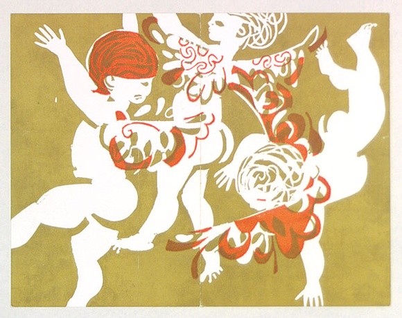 Artist: b'Stringer, John.' | Title: b'Card: (three putti).' | Date: (1962) | Technique: b'linocut, printed in colour, from multiple blocks' Artist: b'Stringer, John.' | Title: b'Card: (three putti).' | Date: (1962) | Technique: b'linocut, printed in colour, from multiple blocks'