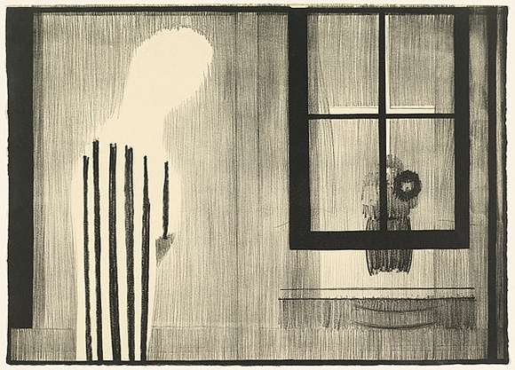 Title: not titled [figure viewing others through a window] | Date: 1970 | Technique: lithograph, printed in black ink, from one stone