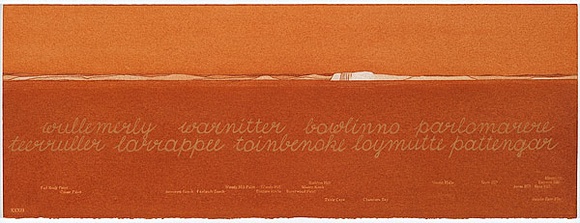 Artist: b'MADDOCK, Bea' | Title: b'Terra Spiritus...with a darker shade of pale' | Date: 1993-98 | Technique: b'stencil print, printed in hand-ground Launceston ochre from multiple hand-cut mylar stencils; letterpress text blind printed; hand-drawn script' Artist: b'MADDOCK, Bea' | Title: b'Terra Spiritus...with a darker shade of pale' | Date: 1993-98 | Technique: b'stencil print, printed in hand-ground Launceston ochre from multiple hand-cut mylar stencils; letterpress text blind printed; hand-drawn script'