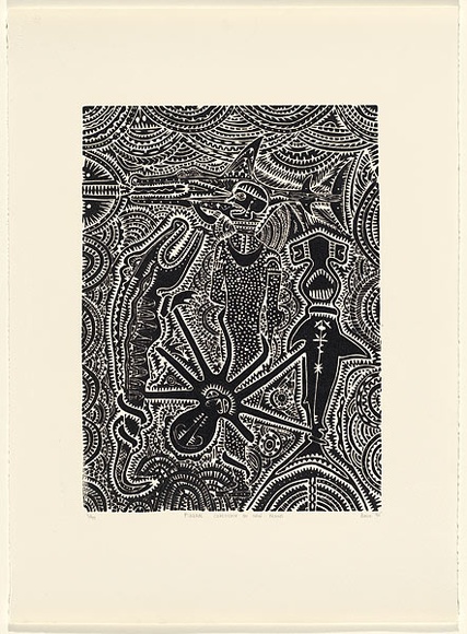 Artist: b'Nona, Dennis.' | Title: b'Funeral ceremony on Nagi Island' | Date: 1992 | Technique: b'linocut, printed in black ink, from one block' | Copyright: b'Courtesy of the artist and the Australia Art Print Network' Artist: b'Nona, Dennis.' | Title: b'Funeral ceremony on Nagi Island' | Date: 1992 | Technique: b'linocut, printed in black ink, from one block' | Copyright: b'Courtesy of the artist and the Australia Art Print Network'