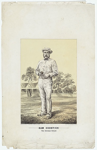Artist: b'Woodhouse, Herbert.' | Title: b'Sam Cosstick, the veteran bowler.' | Date: c.1880 | Technique: b'lithograph, printed in colour, from two stones' Artist: b'Woodhouse, Herbert.' | Title: b'Sam Cosstick, the veteran bowler.' | Date: c.1880 | Technique: b'lithograph, printed in colour, from two stones'