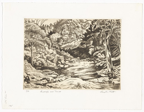 Artist: b'PLATT, Austin' | Title: b'Landscape near Tumut, NSW' | Date: c.1987 | Technique: b'etching, printed in black ink, from one plate' Artist: b'PLATT, Austin' | Title: b'Landscape near Tumut, NSW' | Date: c.1987 | Technique: b'etching, printed in black ink, from one plate'