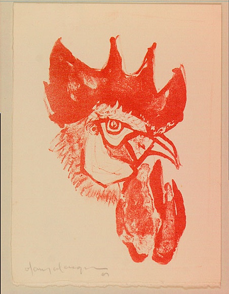Artist: b'MACQUEEN, Mary' | Title: bGreeting card: Rooster's head | Date: 1967 | Technique: b'lithograph, printed in red ink, from one plate' | Copyright: b'Courtesy Paulette Calhoun, for the estate of Mary Macqueen' Artist: b'MACQUEEN, Mary' | Title: bGreeting card: Rooster's head | Date: 1967 | Technique: b'lithograph, printed in red ink, from one plate' | Copyright: b'Courtesy Paulette Calhoun, for the estate of Mary Macqueen'