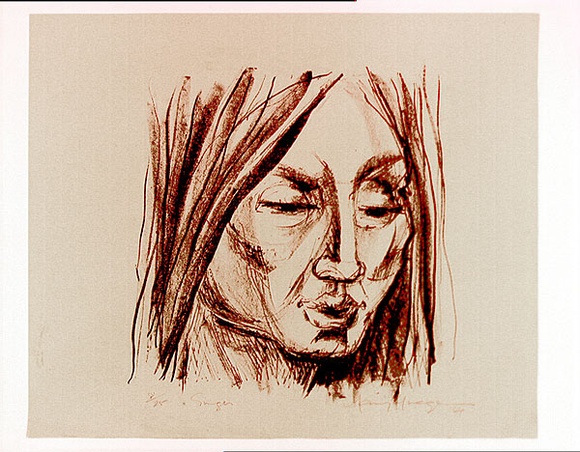 Artist: b'MACQUEEN, Mary' | Title: b'Singer' | Date: 1964 | Technique: b'lithograph, printed in black ink, from one plate' | Copyright: b'Courtesy Paulette Calhoun, for the estate of Mary Macqueen' Artist: b'MACQUEEN, Mary' | Title: b'Singer' | Date: 1964 | Technique: b'lithograph, printed in black ink, from one plate' | Copyright: b'Courtesy Paulette Calhoun, for the estate of Mary Macqueen'