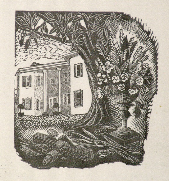 Artist: b'OGILVIE, Helen' | Title: b'(Two storeyed house with tree, wood plane and a vase of flowers).' | Date: 1953 | Technique: b'wood-engraving, printed in black ink, from one block' Artist: b'OGILVIE, Helen' | Title: b'(Two storeyed house with tree, wood plane and a vase of flowers).' | Date: 1953 | Technique: b'wood-engraving, printed in black ink, from one block'