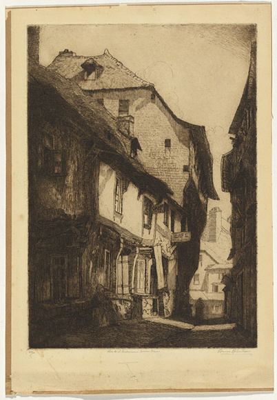 Artist: ROBERTSON, Bruce | Title: Rue de l'Cordonnerie, Dinan, France | Date: c.1930 | Technique: etching, printed in brown ink, from one plate Artist: ROBERTSON, Bruce | Title: Rue de l'Cordonnerie, Dinan, France | Date: c.1930 | Technique: etching, printed in brown ink, from one plate