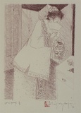 Artist: Wong Hoo Foon, Stanley. | Title: not titled [drinking tea] | Date: 1986 | Technique: lithograph, printed in red madder ink, from stone