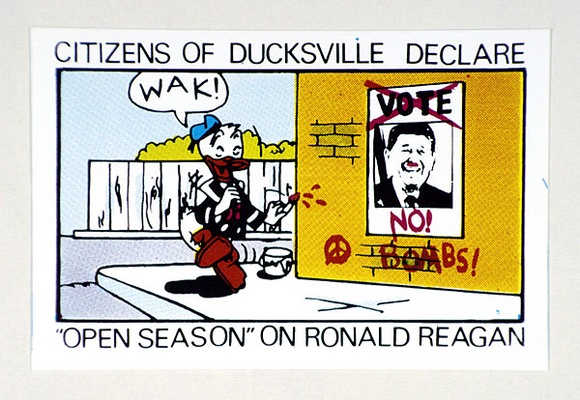 Title: b'Postcard: Citizens of Ducksville declare open season on Ronald Reagan.' | Date: 1984 | Technique: b'screenprint, printed in colour, from multiple stencils' Title: b'Postcard: Citizens of Ducksville declare open season on Ronald Reagan.' | Date: 1984 | Technique: b'screenprint, printed in colour, from multiple stencils'