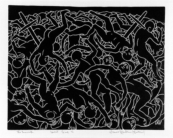 Artist: b'Hawkins, Weaver.' | Title: b'The innocents' | Date: 1968 | Technique: b'linocut, printed in black ink, from one block' | Copyright: b'The Estate of H.F Weaver Hawkins' Artist: b'Hawkins, Weaver.' | Title: b'The innocents' | Date: 1968 | Technique: b'linocut, printed in black ink, from one block' | Copyright: b'The Estate of H.F Weaver Hawkins'