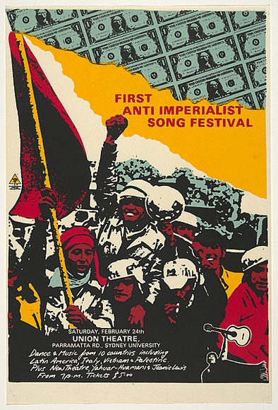 Artist: b'EARTHWORKS POSTER COLLECTIVE' | Title: b'First Anti Imperialist Song Festival...Union Theatre.' | Date: 1979 | Technique: b'screenprint, printed in colour, from four stencils' Artist: b'EARTHWORKS POSTER COLLECTIVE' | Title: b'First Anti Imperialist Song Festival...Union Theatre.' | Date: 1979 | Technique: b'screenprint, printed in colour, from four stencils'