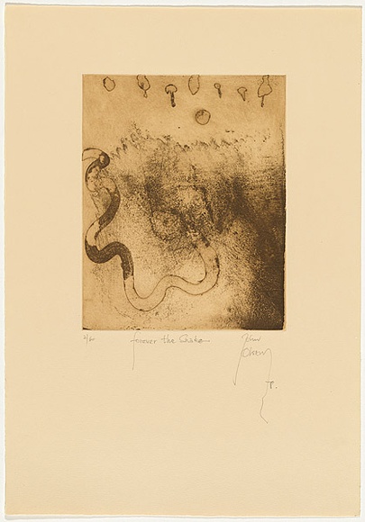 Artist: b'Olsen, John.' | Title: b'Forever the snake' | Date: 1978 | Technique: b'etching and aquatint, printed in green/brown ink with plate-tone, from one plate' | Copyright: b'\xc2\xa9 John Olsen. Licensed by VISCOPY, Australia' Artist: b'Olsen, John.' | Title: b'Forever the snake' | Date: 1978 | Technique: b'etching and aquatint, printed in green/brown ink with plate-tone, from one plate' | Copyright: b'\xc2\xa9 John Olsen. Licensed by VISCOPY, Australia'