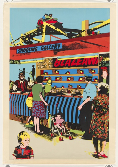 Artist: b'Robertson, Toni.' | Title: b'Shooting gallery' | Date: 1981 | Technique: b'screenprint, printed in colour, from four hand-cut and three photo-stencils' Artist: b'Robertson, Toni.' | Title: b'Shooting gallery' | Date: 1981 | Technique: b'screenprint, printed in colour, from four hand-cut and three photo-stencils'