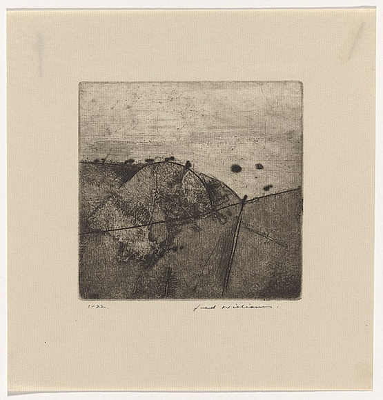Artist: b'WILLIAMS, Fred' | Title: b'Hill at Colo Vale' | Date: 1958-59 | Technique: b'aquatint, engraving, drypoint and flat biting, printed in black ink, from one copper plate' | Copyright: b'\xc2\xa9 Fred Williams Estate' Artist: b'WILLIAMS, Fred' | Title: b'Hill at Colo Vale' | Date: 1958-59 | Technique: b'aquatint, engraving, drypoint and flat biting, printed in black ink, from one copper plate' | Copyright: b'\xc2\xa9 Fred Williams Estate'