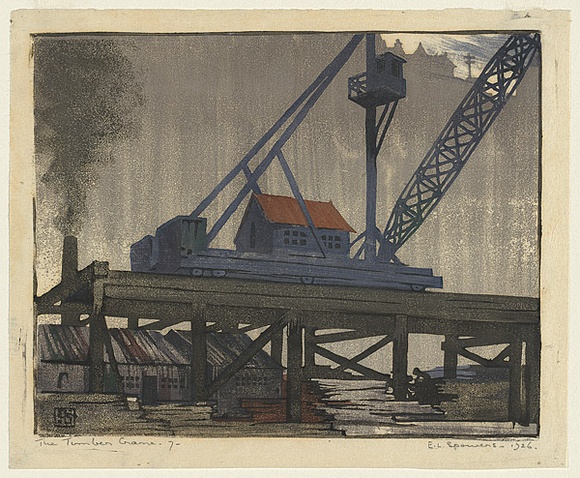 Artist: b'Spowers, Ethel.' | Title: b'The timber crane' | Date: 1926 | Technique: b'linocut, printed in colour in the Japanese manner, from five blocks' Artist: b'Spowers, Ethel.' | Title: b'The timber crane' | Date: 1926 | Technique: b'linocut, printed in colour in the Japanese manner, from five blocks'