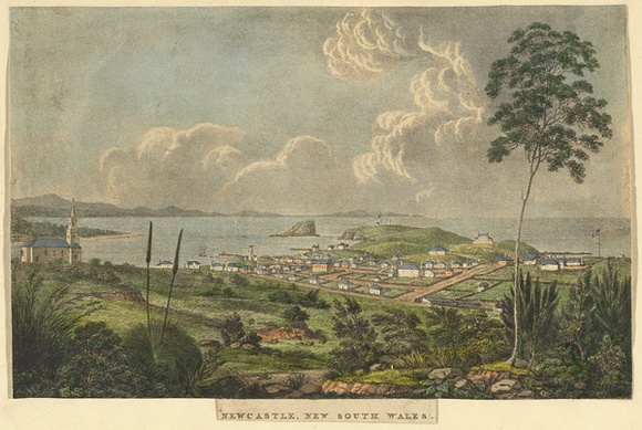 Artist: b'Lycett, Joseph.' | Title: b'Newcastle, New South Wales.' | Date: 1824 | Technique: b'lithograph, printed in black ink, from one stone; hand-coloured' Artist: b'Lycett, Joseph.' | Title: b'Newcastle, New South Wales.' | Date: 1824 | Technique: b'lithograph, printed in black ink, from one stone; hand-coloured'