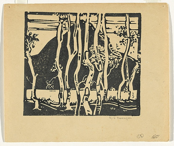 Artist: b'Barringer, Gwen' | Title: b'(Trees with mountain).' | Date: (1930s) | Technique: b'linocut, printed in black ink, from one block' Artist: b'Barringer, Gwen' | Title: b'(Trees with mountain).' | Date: (1930s) | Technique: b'linocut, printed in black ink, from one block'